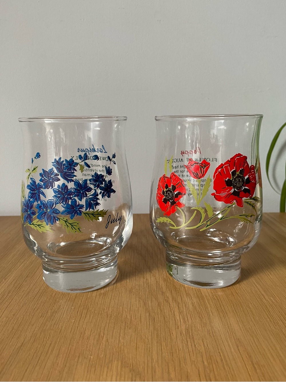 Vintage Dominion Glass Tumblers Month Flower July Larkspur & August Red Poppy